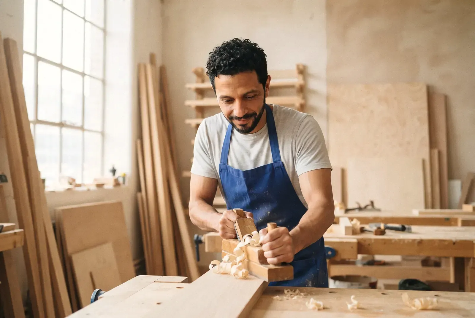 Un menuisier indépendant rabote une planche dans son atelier