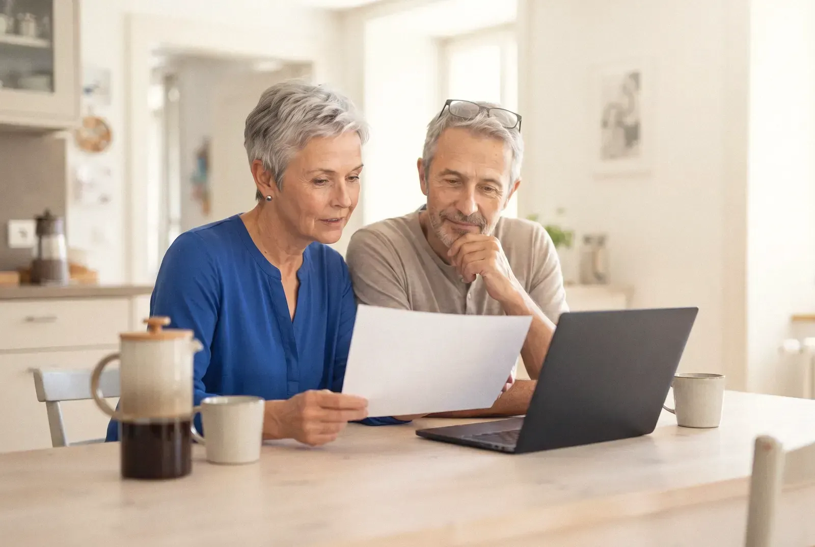 Un couple relit un document de prévoyance devant un ordinateur, à la table de la cuisine